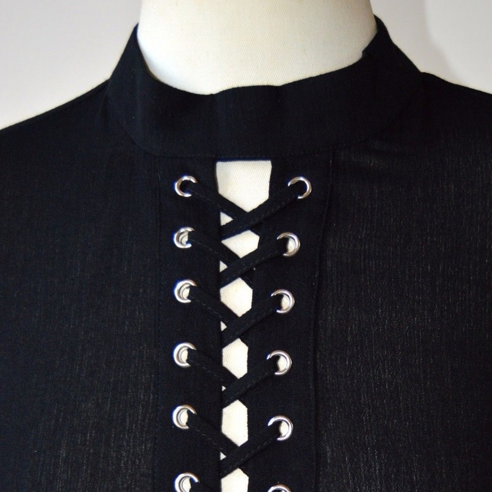 Lace Up Choker Neck Long Bell Sleeve Flowy Tunic - Picture 6 of 8